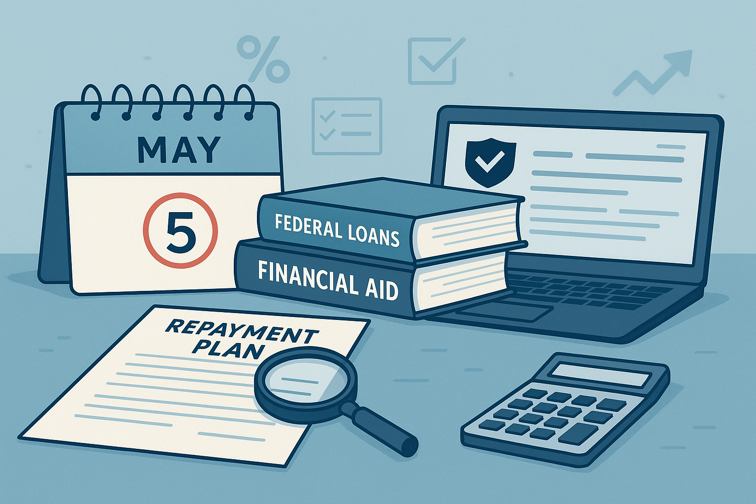 Illustration of a desk with a calendar marked May 5, books titled Federal Loans and Financial Aid, a repayment plan under a magnifying glass, and a laptop - symbolizing student loan repayments.